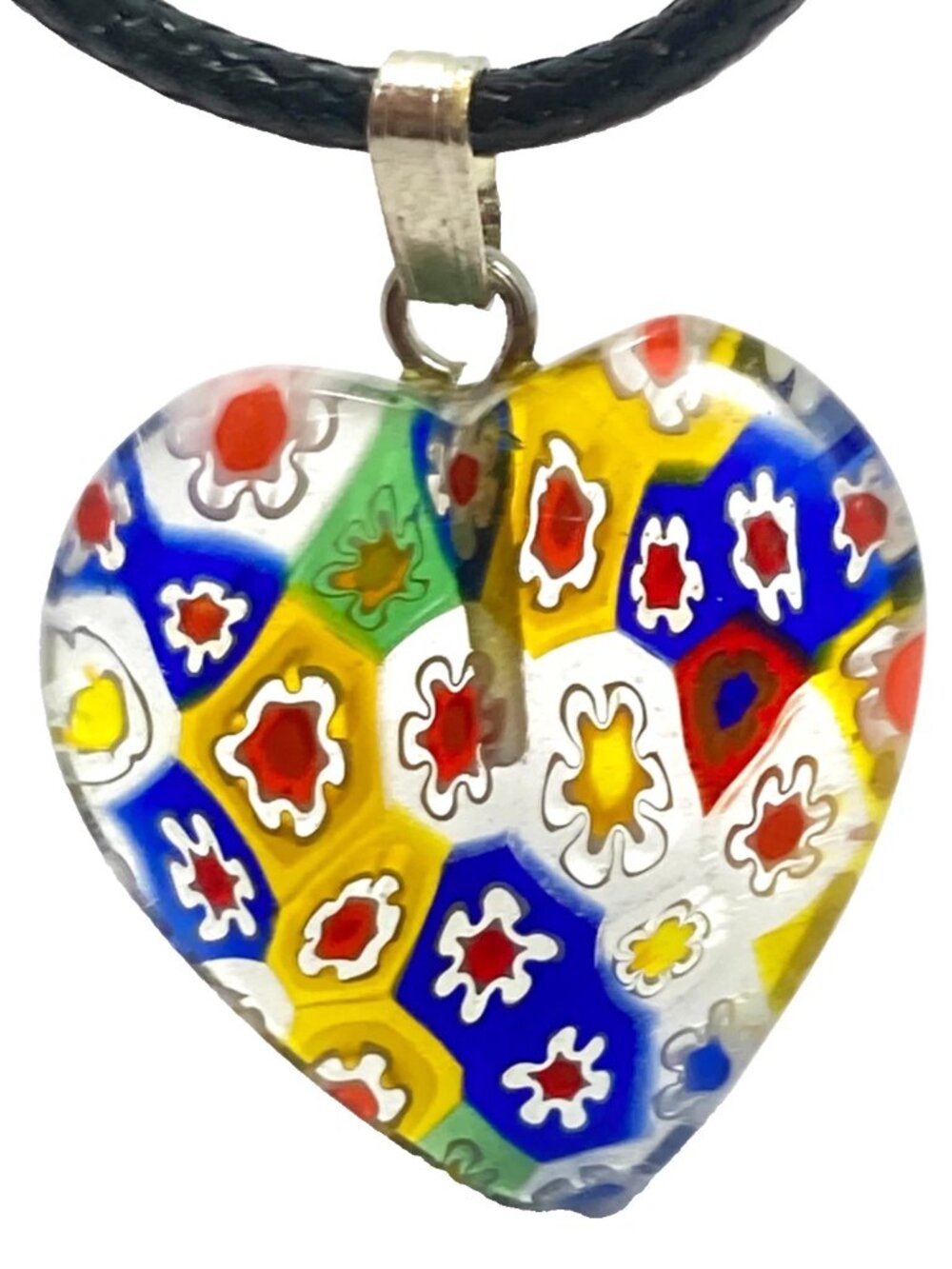 Vintage Murano Millefiori Art Glass Heart Pendant Necklace Multicolor Flowers 18